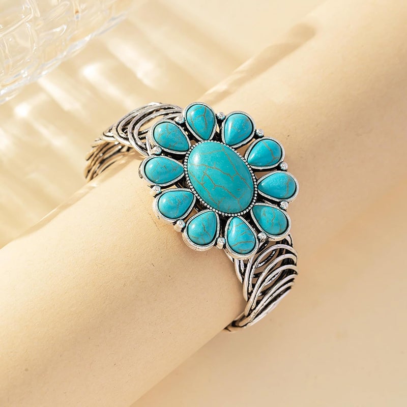 JMScape 4 PCS Western Turquoise Jewelry for Women Boho Vintage Navajo Pearl Necklace Earring Bracelet Ring Set Country Cowgirl Accessories for Gift - Image 5
